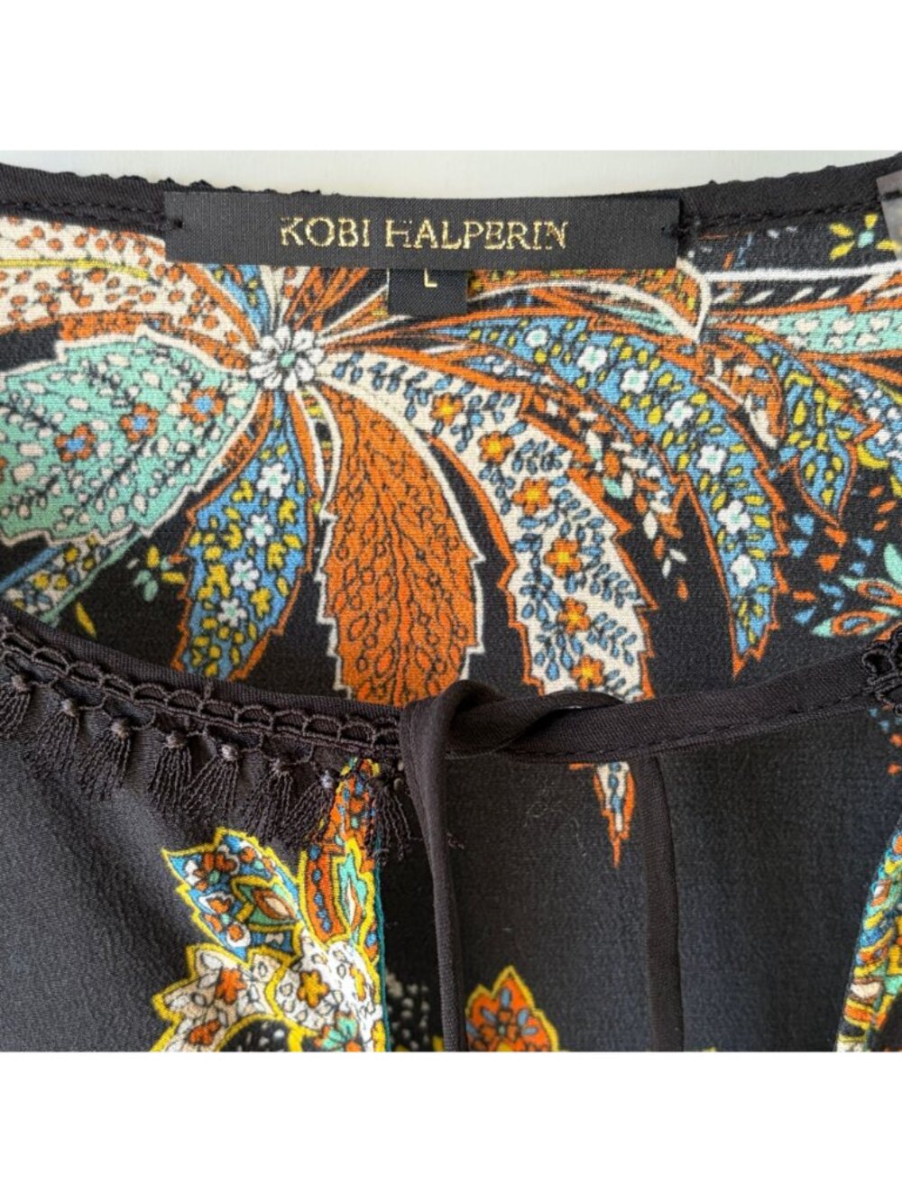 Kobi Halperin Helen Silk Blouse Size L Black Paisley Boho Ruffle Sleeve Tie Neck - Picture 6 of 11